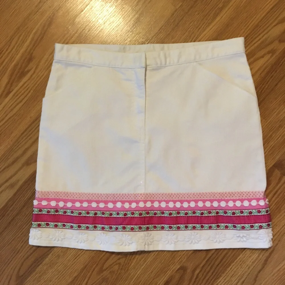 Vintage Lilly Pulitzer White Denim mini skirt Pink Grosgrain Ribbon Trim size 12